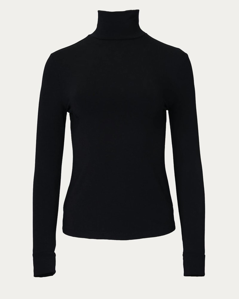 Front of a model wearing a size L Stretch-Modal Jersey Turtleneck in Black in Black by LE RÉUSSI. | dia_product_style_image_id:343583